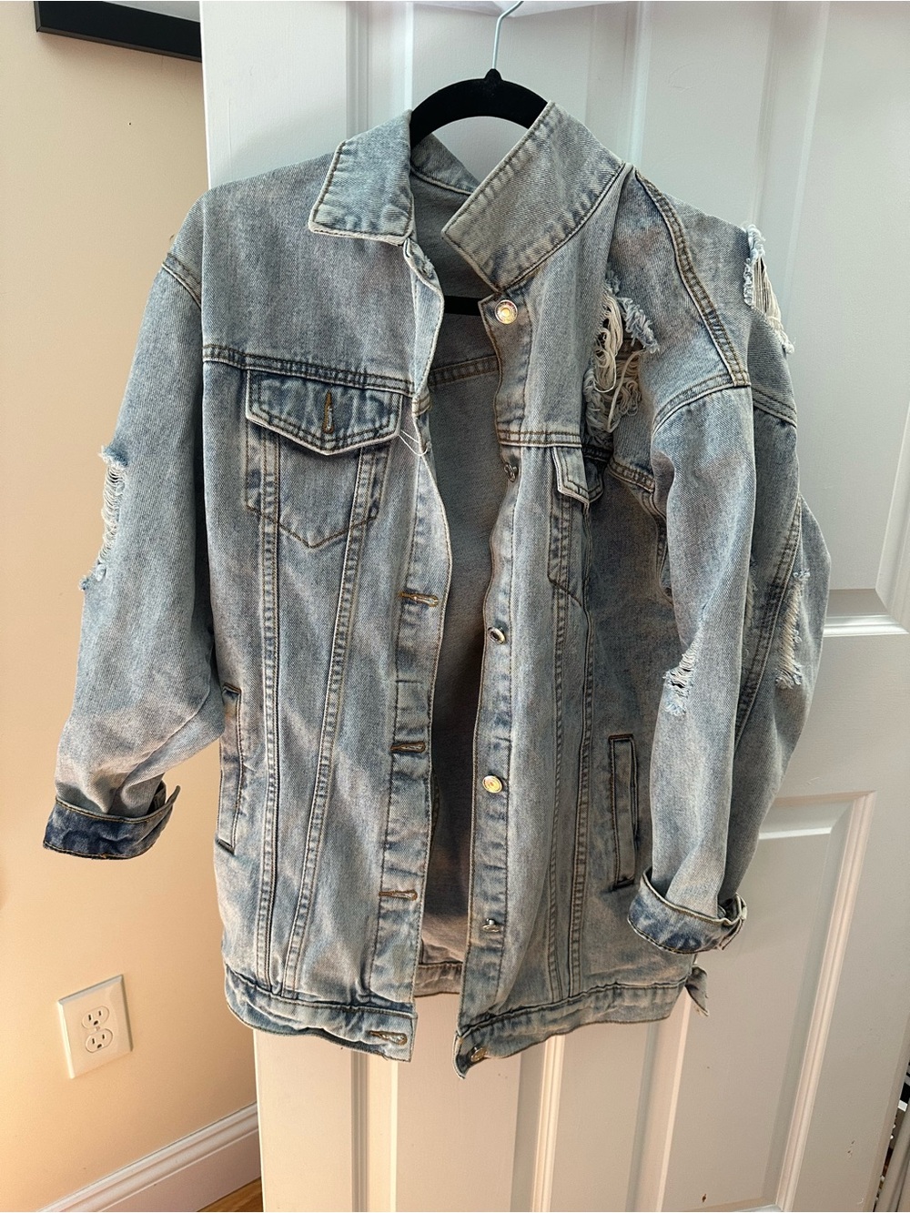 Oversize Denim Jacket for Women Ripped Jean Jacket Boyfriend Long Sleeve Coat